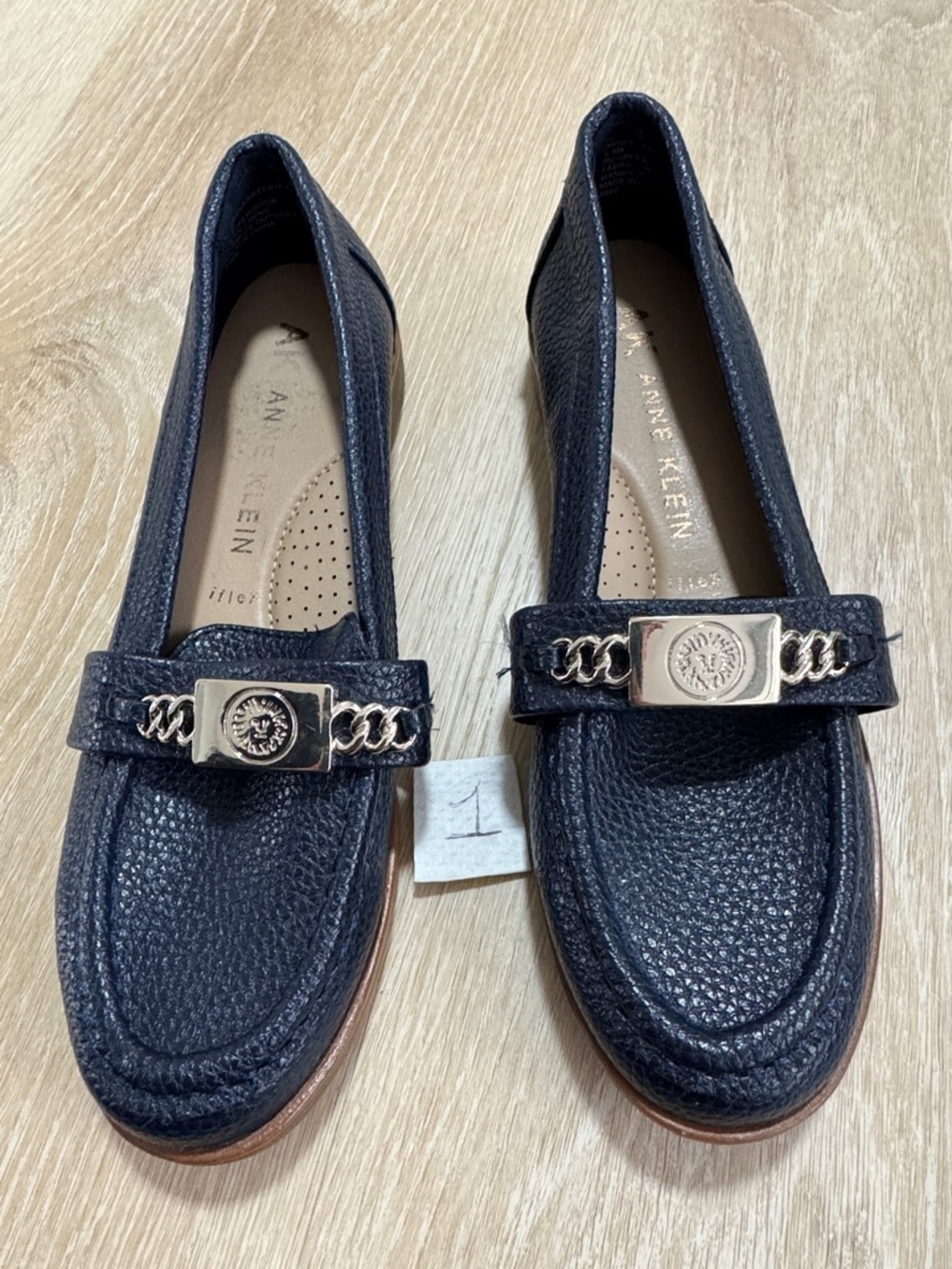 Anne Klein Navy Pebbled Leather Loafers with Gold Chain Accent